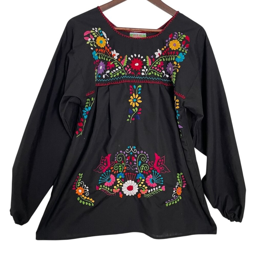 Nativa Mexican Embroidered Tunic Top Medium Black Floral Butterflies Blouse Boho